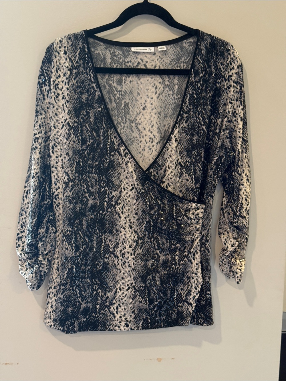 Susan Graver Black & White Snake-Print Surplice V-Neck Blouse